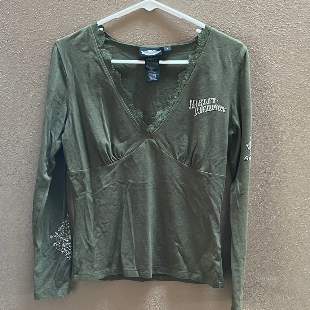 Harley-Davidson Women's Olive Long Sleeve V-Neck Tee